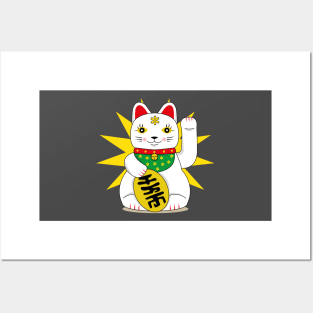 Lucky Maneki Neko White Beckoning Fortune Cat Posters and Art